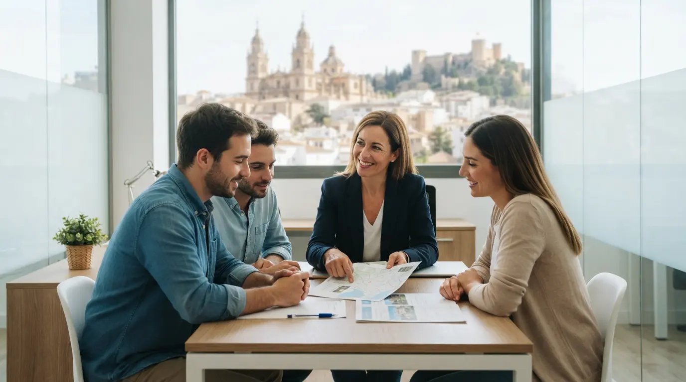 Agente inmobiliario en Jaén asesorando a una pareja en un piso luminoso con vistas al Castillo de Santa Catalina y campos de olivos.